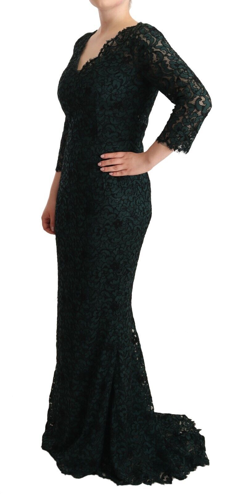 Robe longue maxi en dentelle florale verte Dolce & Gabbana