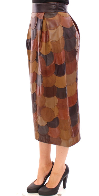 Jupe Droite Dolce & Gabbana en Cuir Patchwork Marron