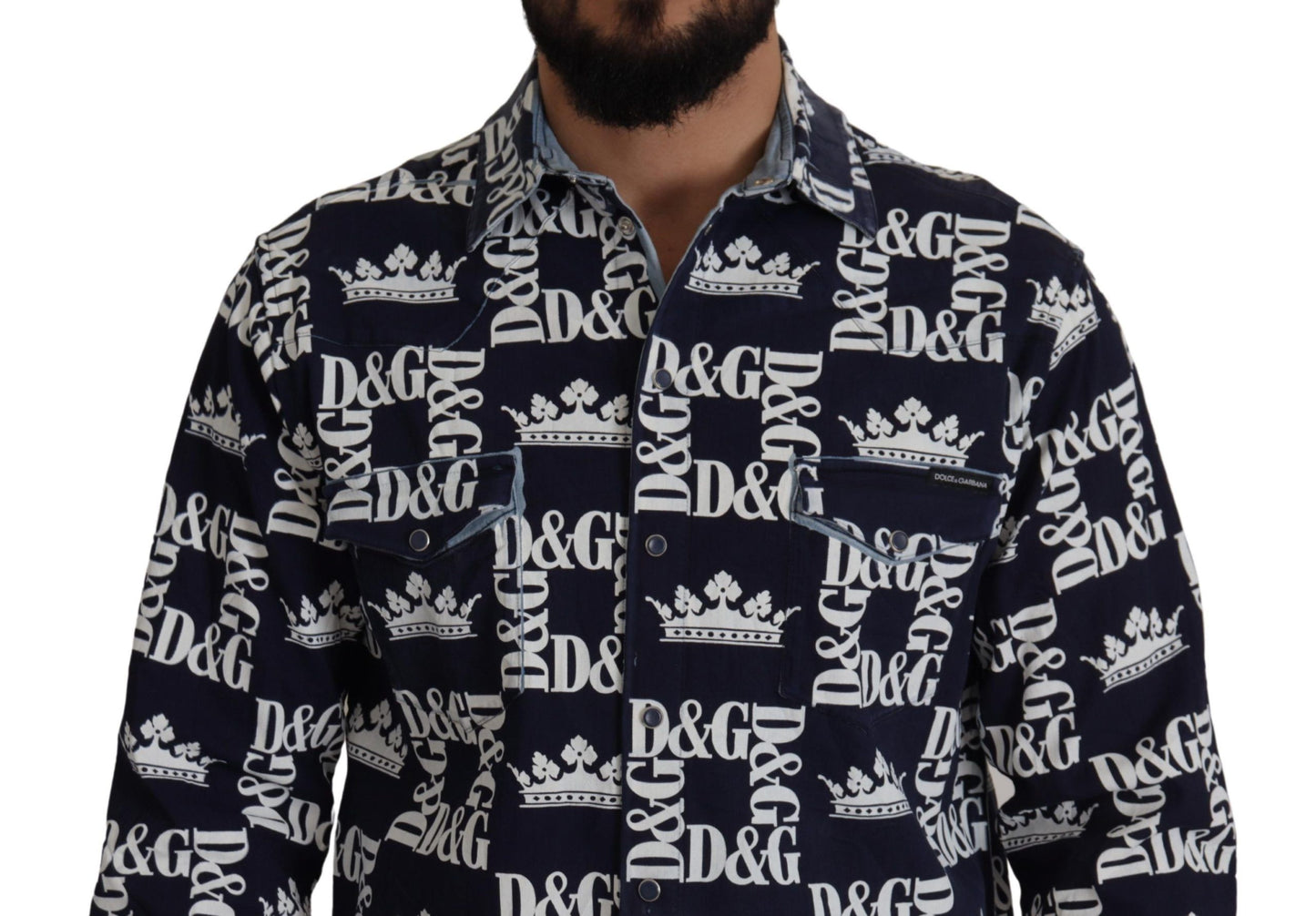 Camisa informal elástica de denim azul con el logo DG Crown de Dolce & Gabbana