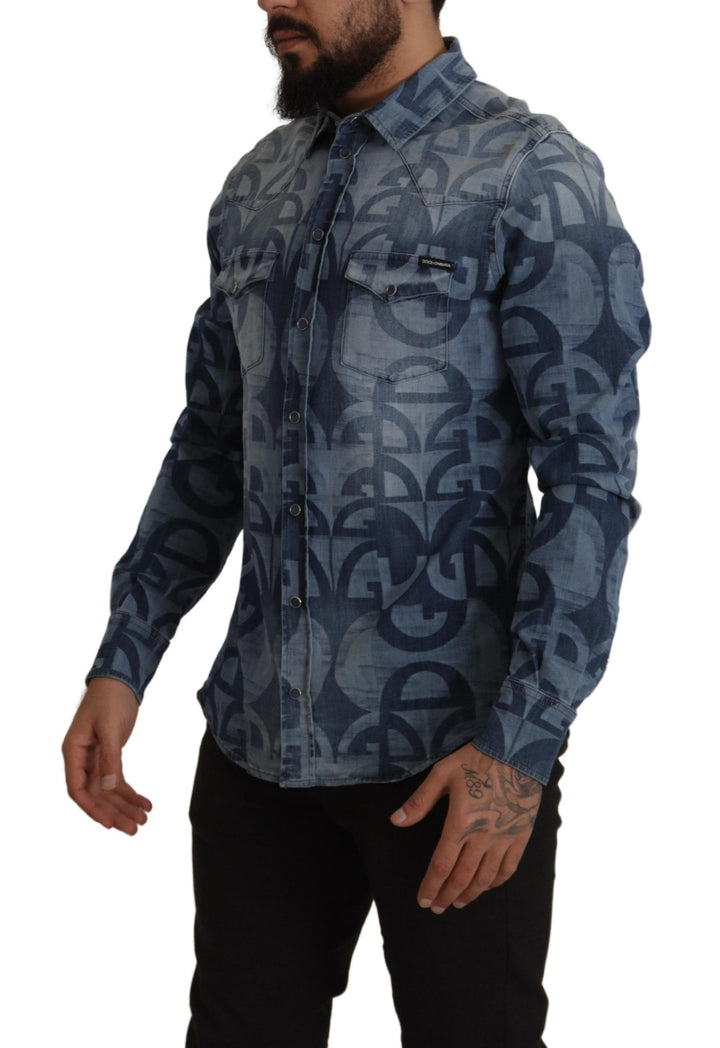 Camisa Casual Entallada de Hombre Dolce & Gabbana de Mezclilla Elástica Azul con Logotipo DG