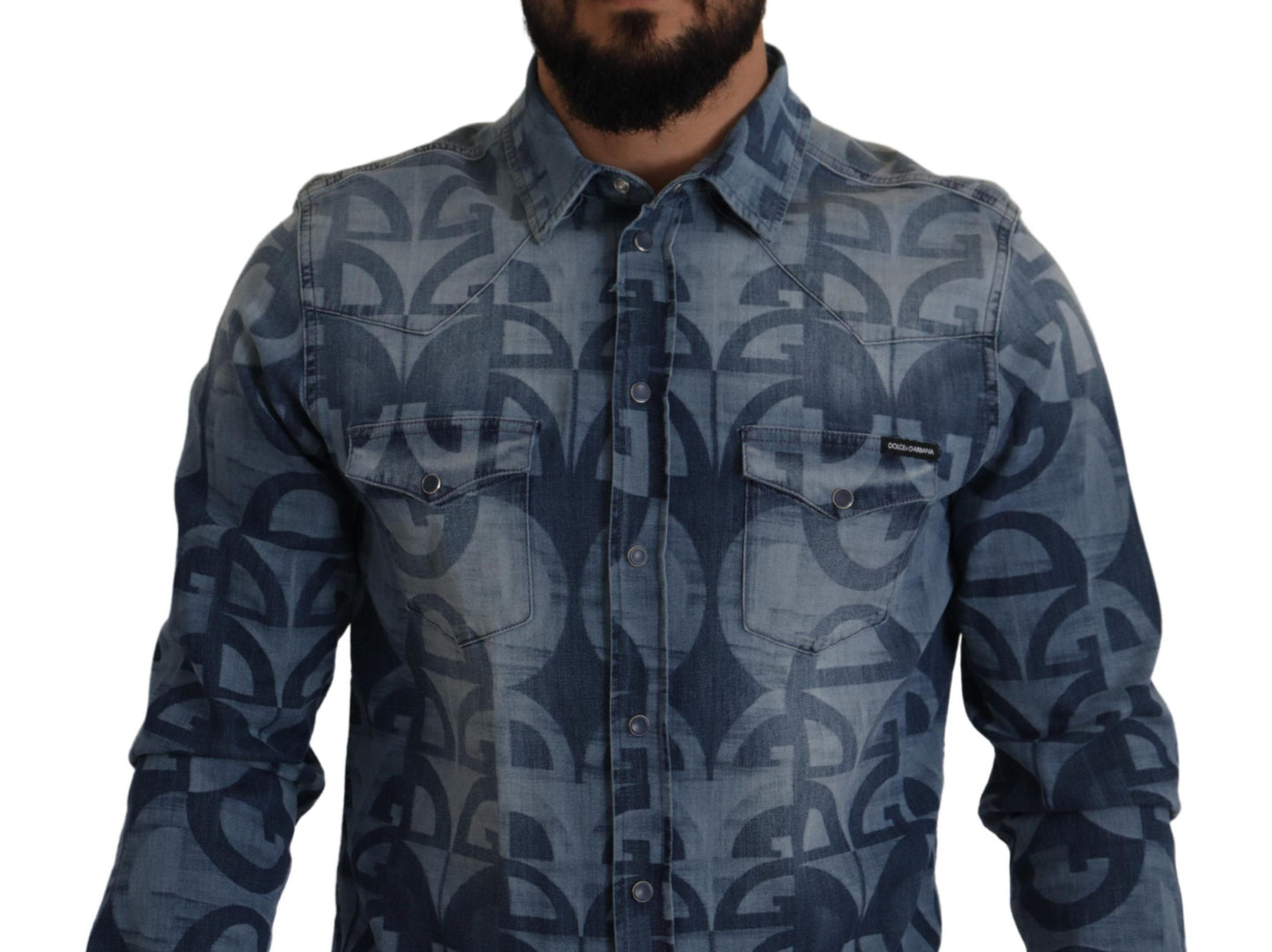Chemise décontractée slim Dolce & Gabbana en denim bleu stretch avec logo DG pour homme