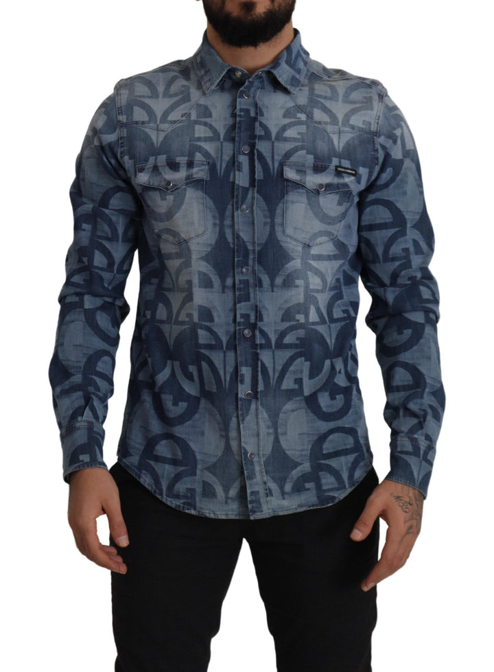 Camisa Casual Entallada de Hombre Dolce & Gabbana de Mezclilla Elástica Azul con Logotipo DG