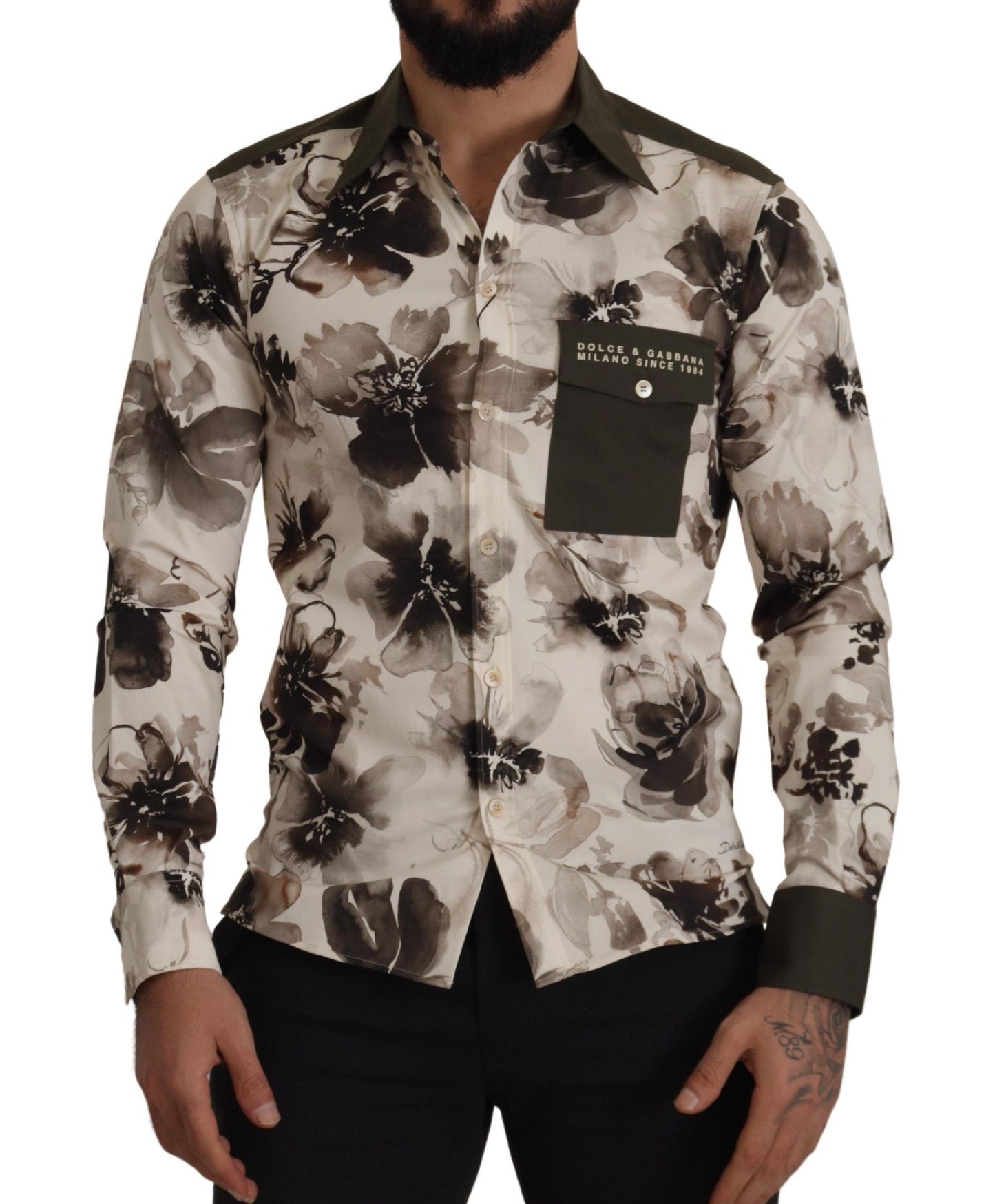 Chemise Exclusive Dolce & Gabbana Coton Stretch Fleurs Vert Beige