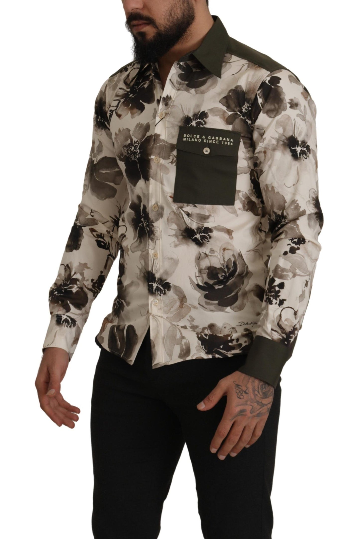 Chemise Exclusive Dolce & Gabbana Coton Stretch Fleurs Vert Beige
