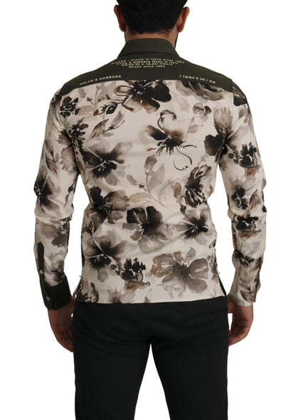 Chemise Exclusive Dolce & Gabbana Coton Stretch Fleurs Vert Beige