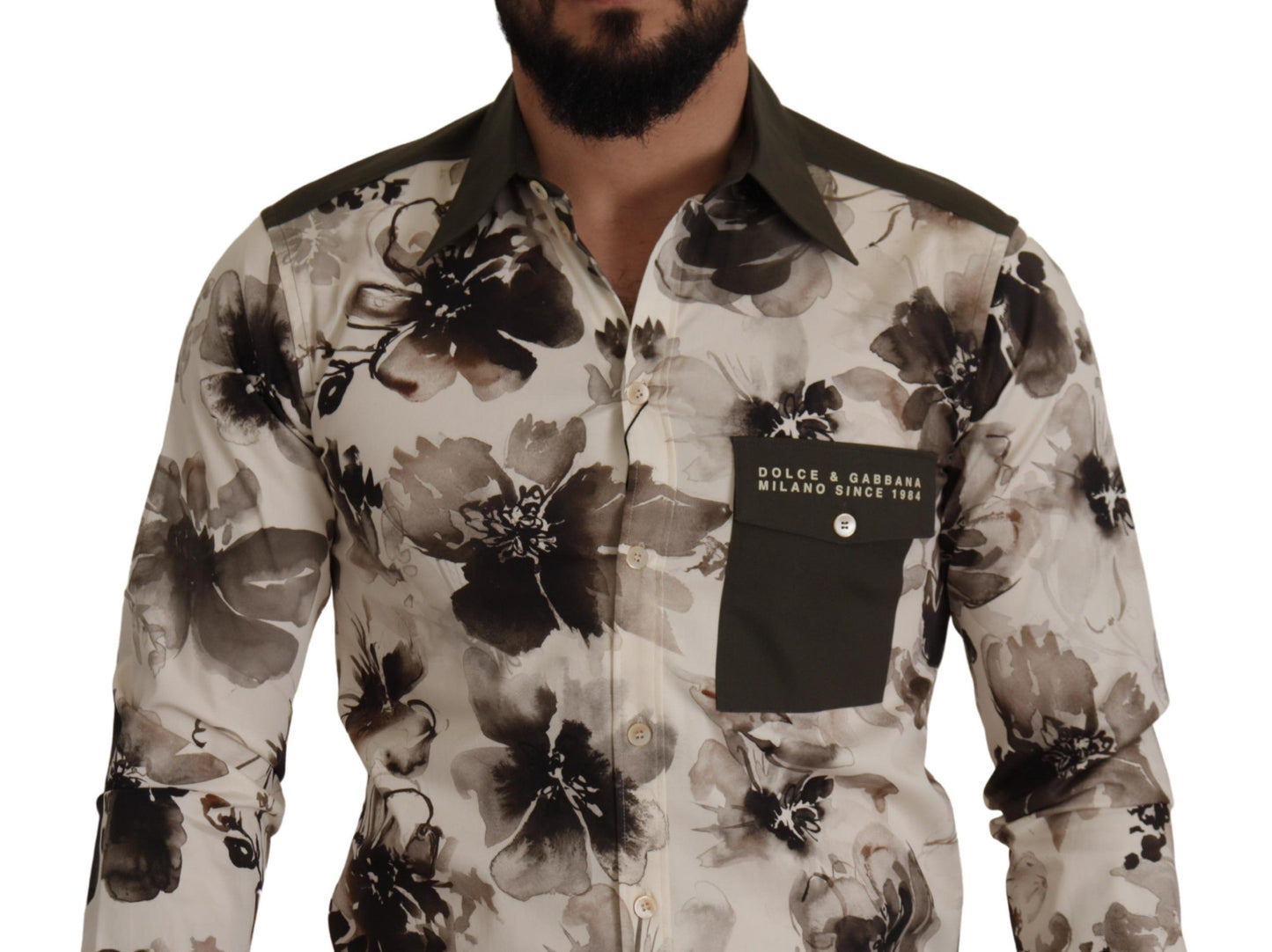 Chemise Exclusive Dolce & Gabbana Coton Stretch Fleurs Vert Beige
