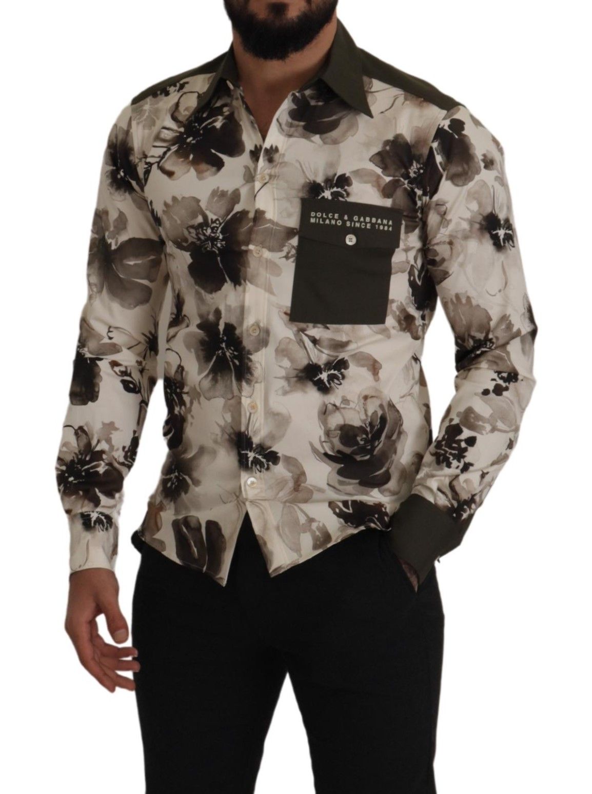 Chemise Exclusive Dolce & Gabbana Coton Stretch Fleurs Vert Beige