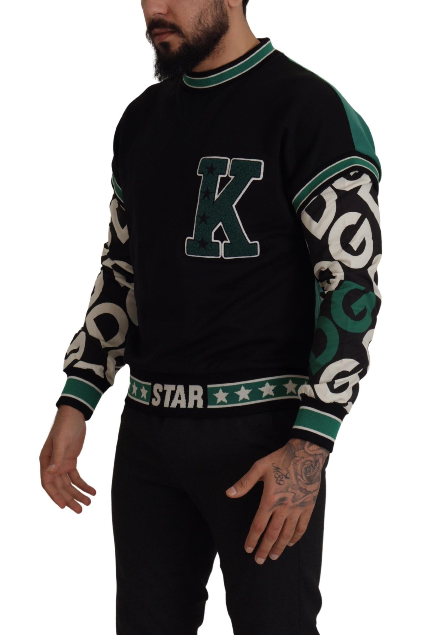 Pull Dolce & Gabbana Noir Vert Coton Motif Étoile Col Rond KING