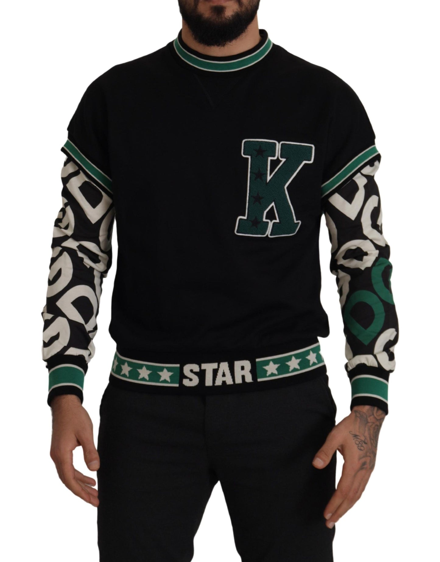 Pull Dolce & Gabbana Noir Vert Coton Motif Étoile Col Rond KING