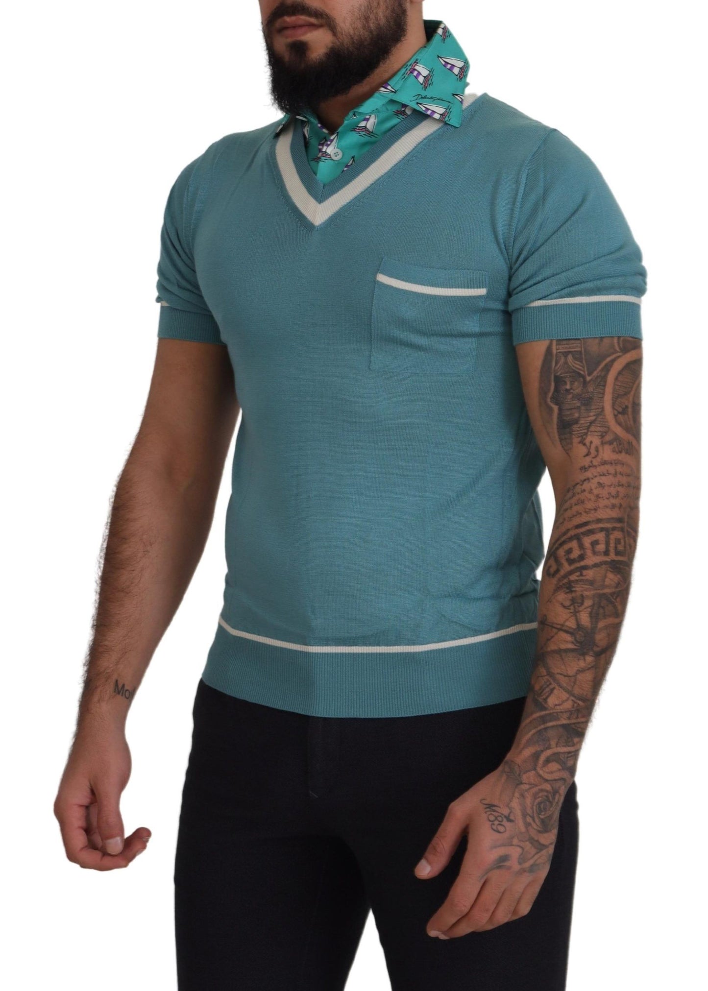 Dolce & Gabbana Polo en soie bleue, col en V, T-shirt pour homme