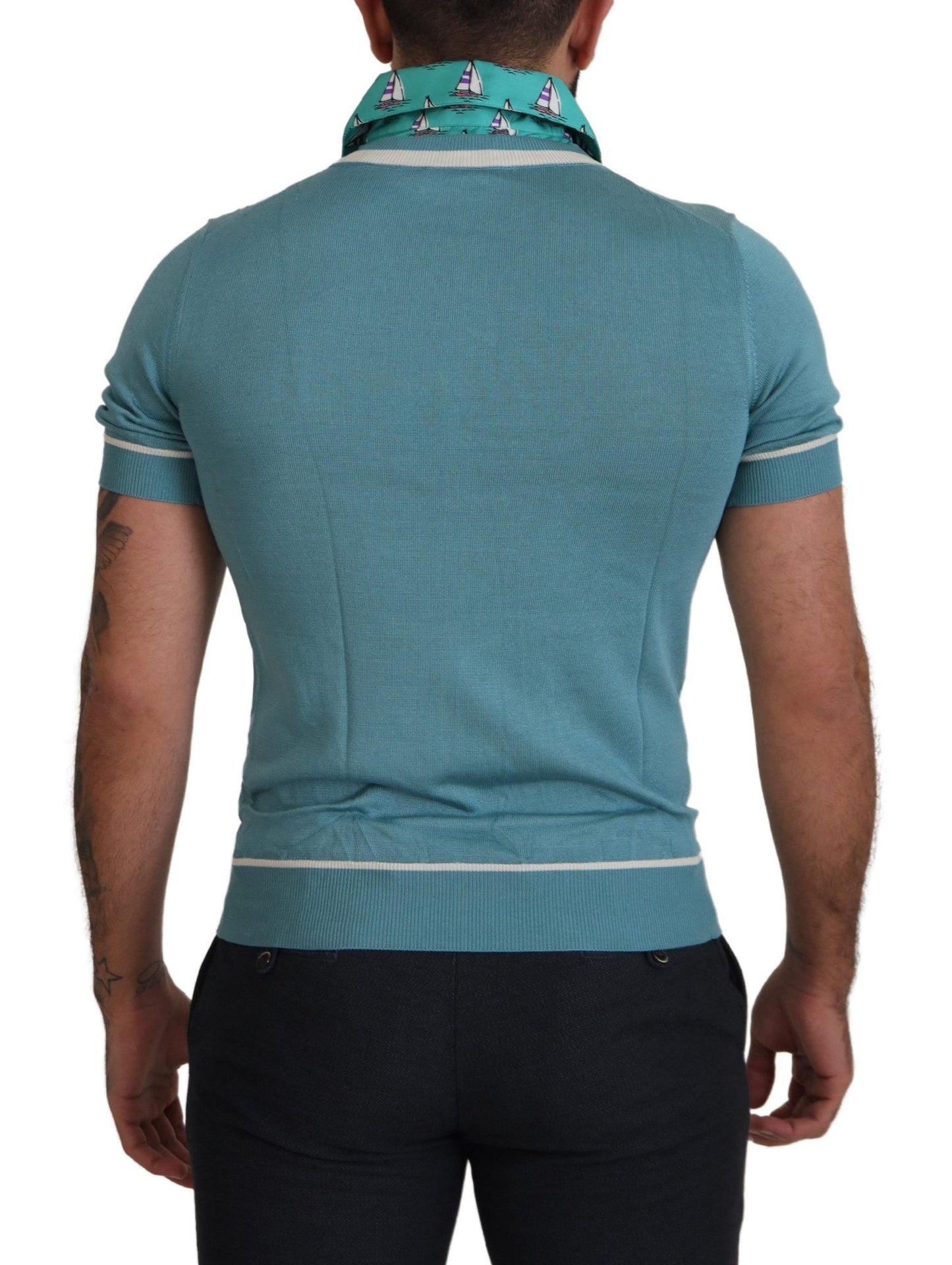 Dolce & Gabbana Polo en soie bleue, col en V, T-shirt pour homme