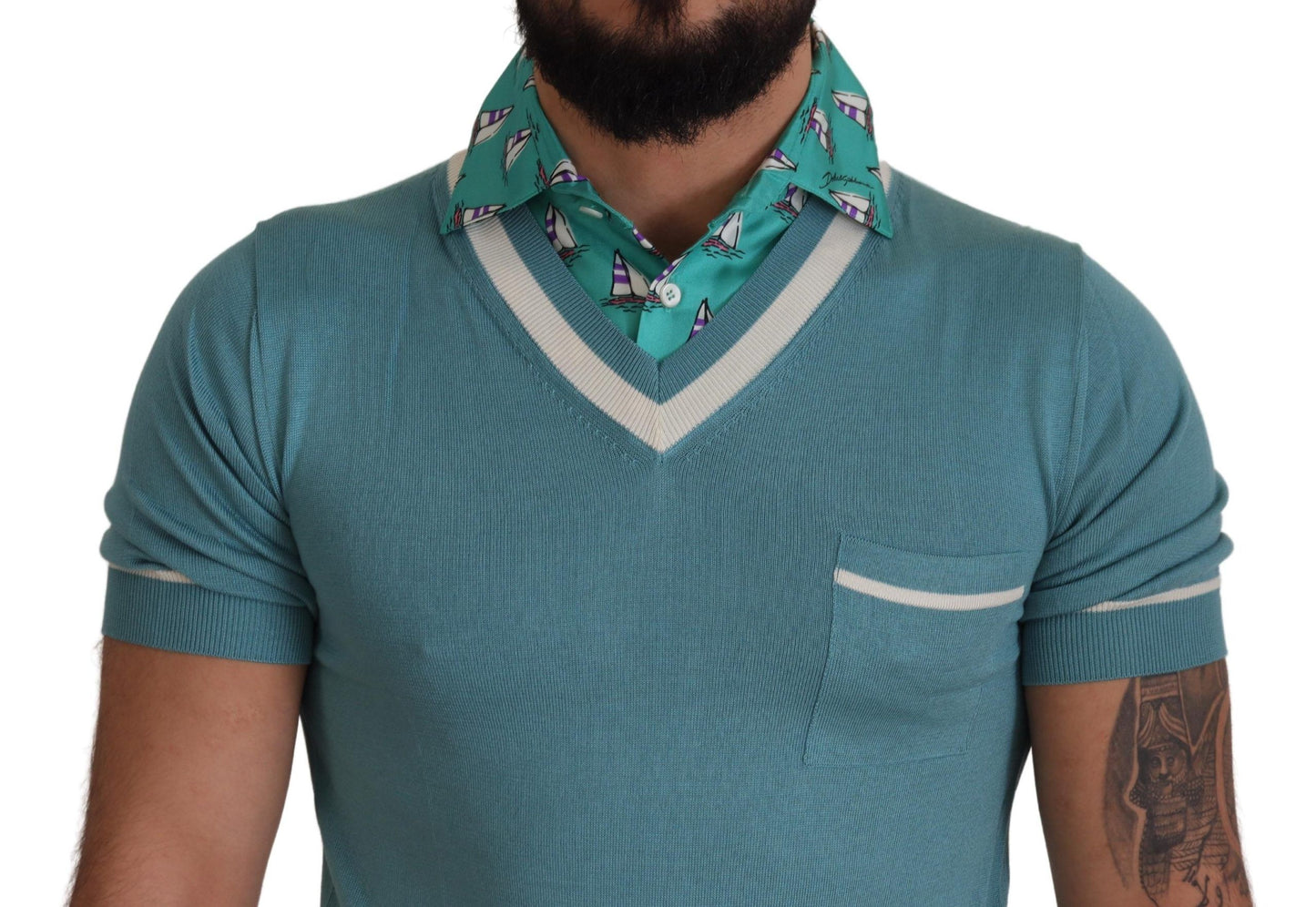 Dolce & Gabbana Polo en soie bleue, col en V, T-shirt pour homme