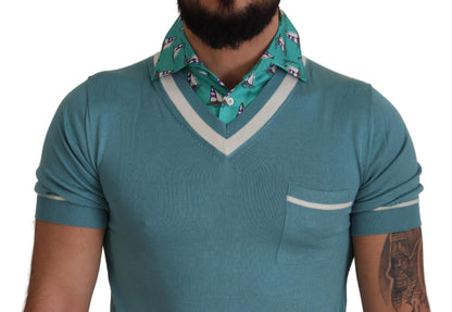Dolce & Gabbana Polo en soie bleue, col en V, T-shirt pour homme