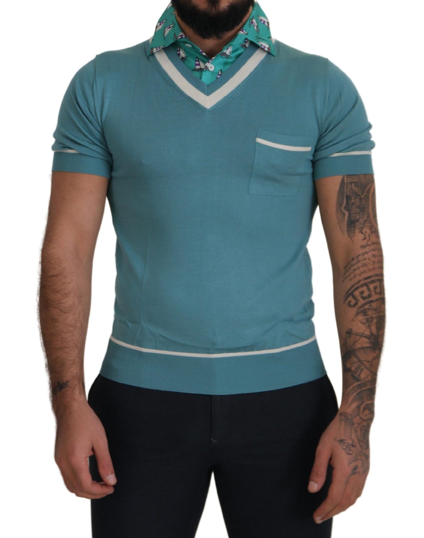 Dolce & Gabbana Polo en soie bleue, col en V, T-shirt pour homme