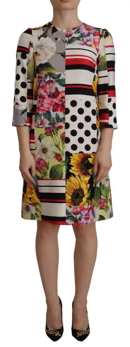 Robe fourreau jacquard patchwork florale en charmeuse multicolore Dolce & Gabbana
