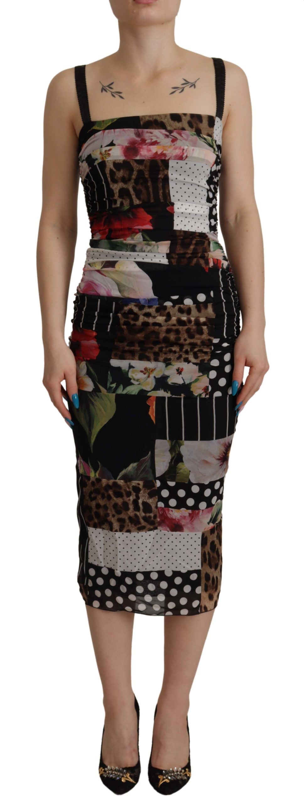 Robe moulante léopard Dolce & Gabbana en soie florale multicolore patchwork longueur midi