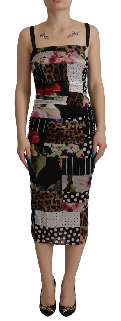 Robe moulante léopard Dolce & Gabbana en soie florale multicolore patchwork longueur midi