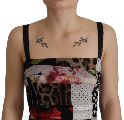 Robe moulante léopard Dolce & Gabbana en soie florale multicolore patchwork longueur midi