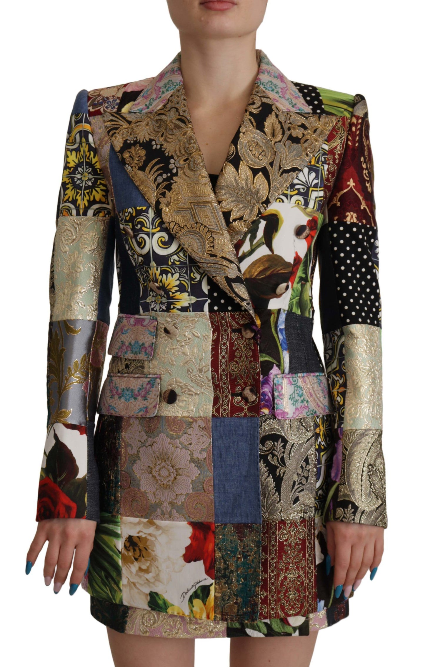 Chaqueta Blazer de Jacquard con Parches Multicolor Cruzada de Dolce & Gabbana
