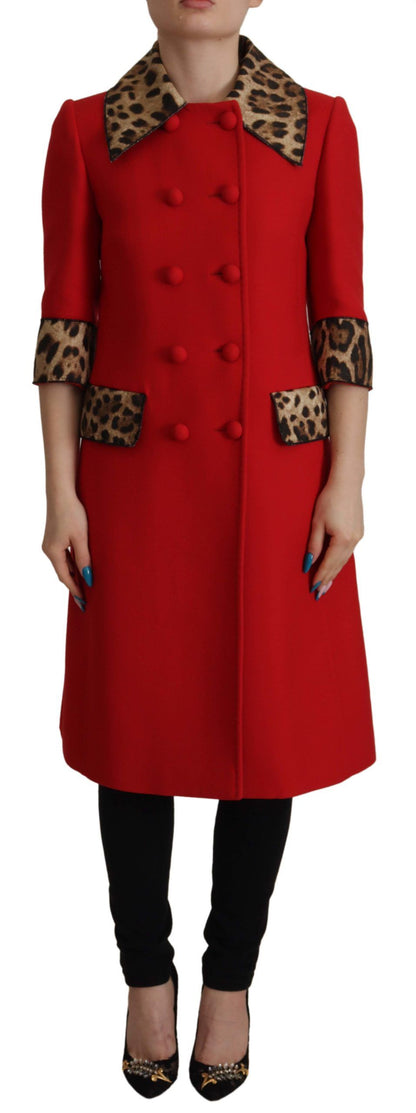 Veste Trench-coat en Laine Rouge Leopard Dolce & Gabbana