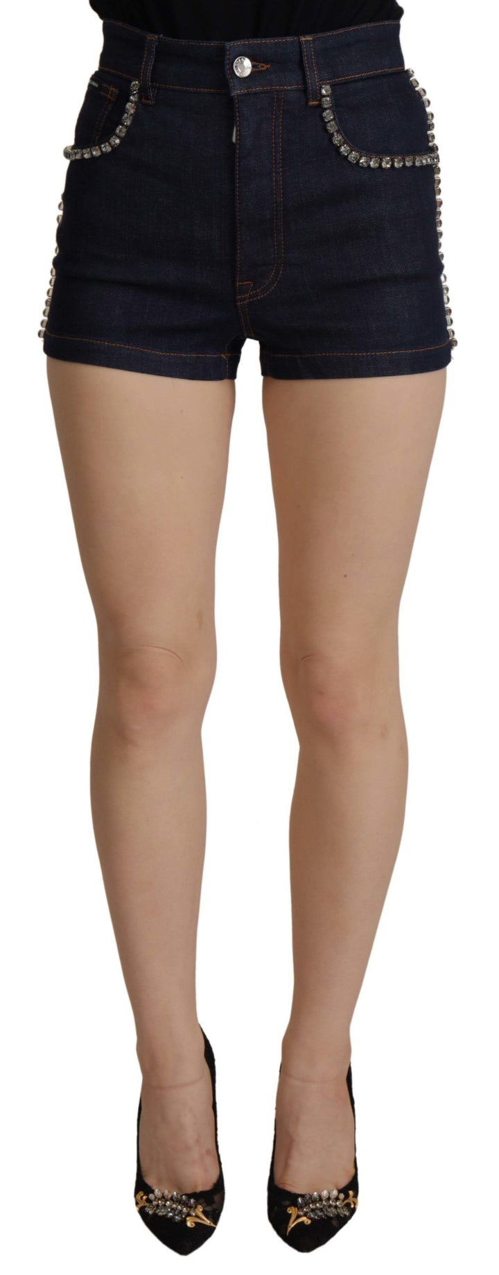 Dolce & Gabbana Pantalones Cortos de Jean Elástico Azul con Cristales
