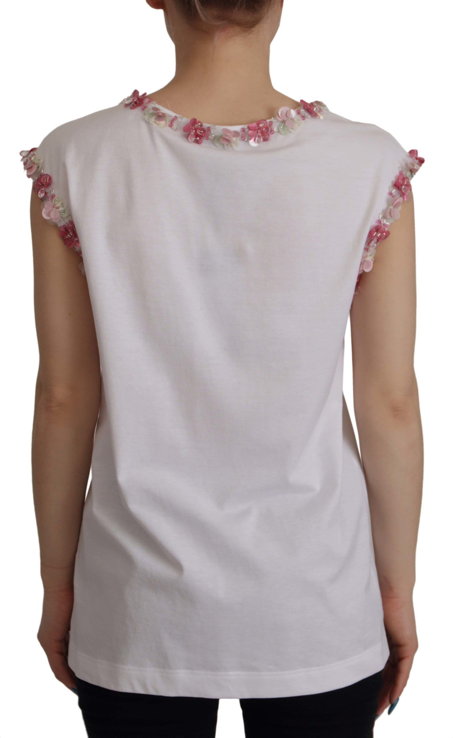 T-shirt Dolce & Gabbana blanc avec logo DG couronne fleuri et sequins