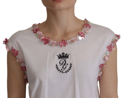 T-shirt Dolce & Gabbana blanc avec logo DG couronne fleuri et sequins