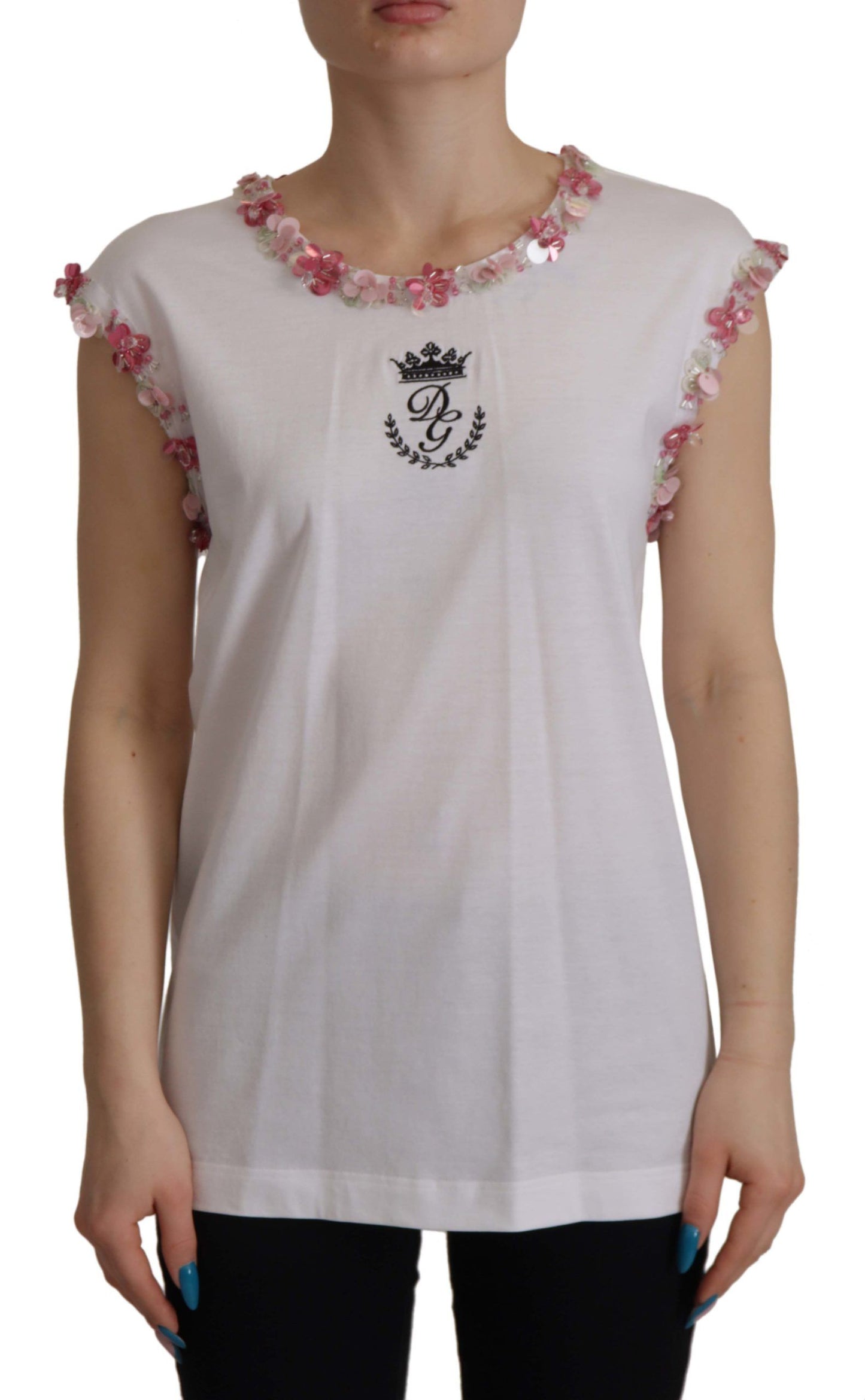 T-shirt Dolce & Gabbana blanc avec logo DG couronne fleuri et sequins