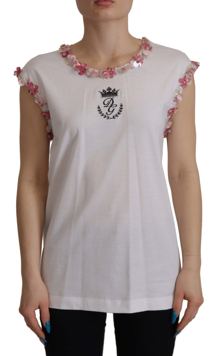 Camiseta Dolce & Gabbana blanca con lentejuelas florales DG Crown