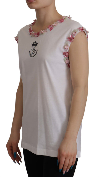 T-shirt Dolce & Gabbana blanc avec logo DG couronne fleuri et sequins