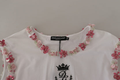 T-shirt Dolce & Gabbana blanc avec logo DG couronne fleuri et sequins