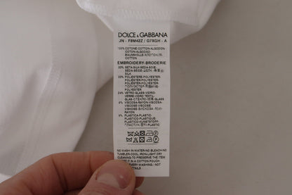 T-shirt Dolce & Gabbana blanc avec logo DG couronne fleuri et sequins