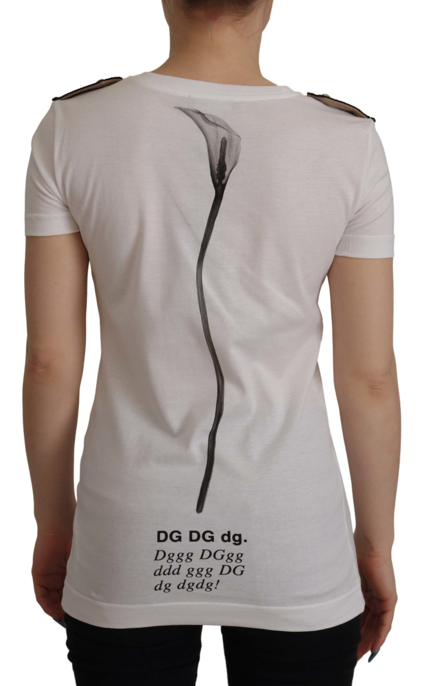 T-shirt col rond en coton blanc et roses noires Dolce & Gabbana