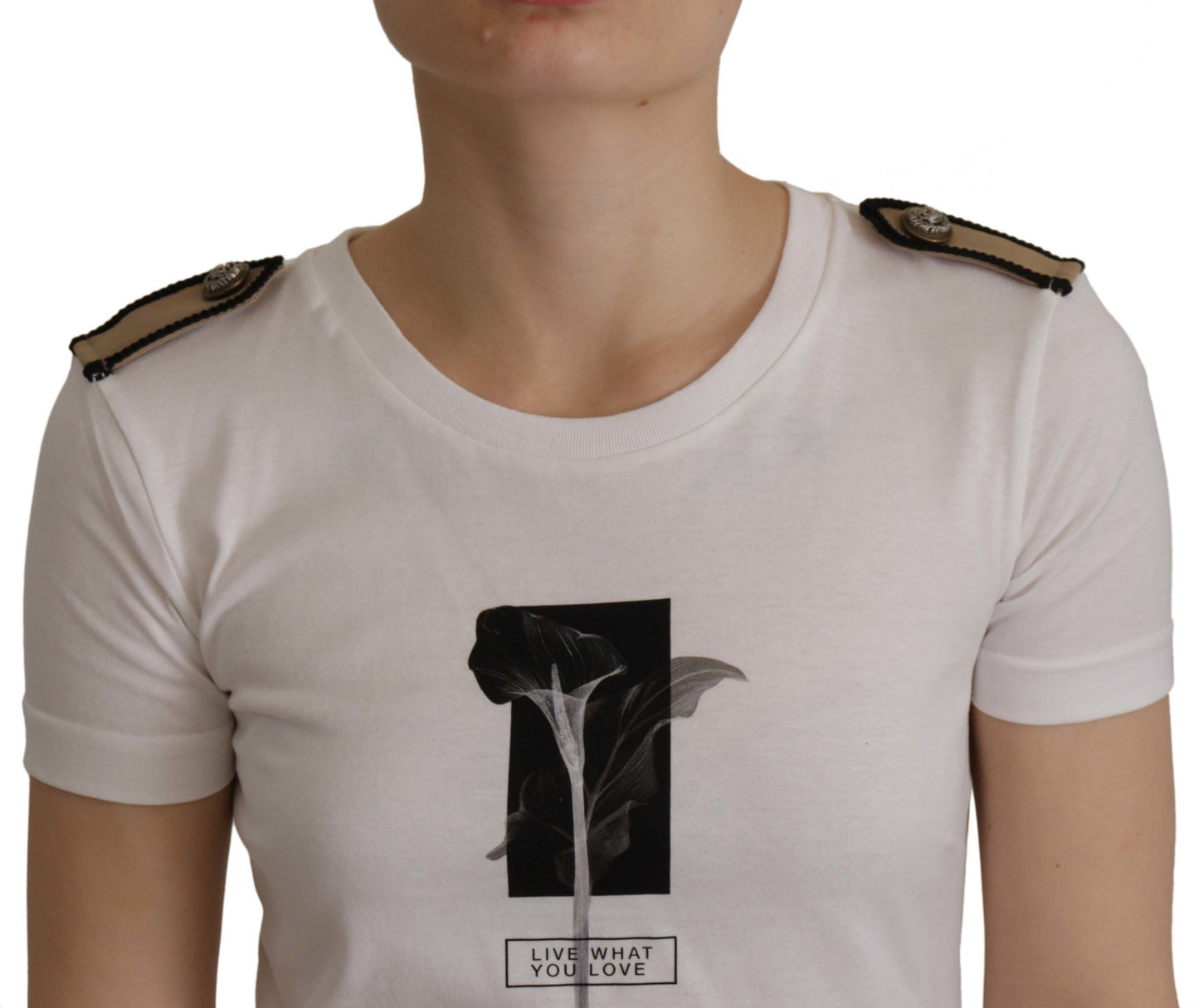 T-shirt col rond en coton blanc et roses noires Dolce & Gabbana