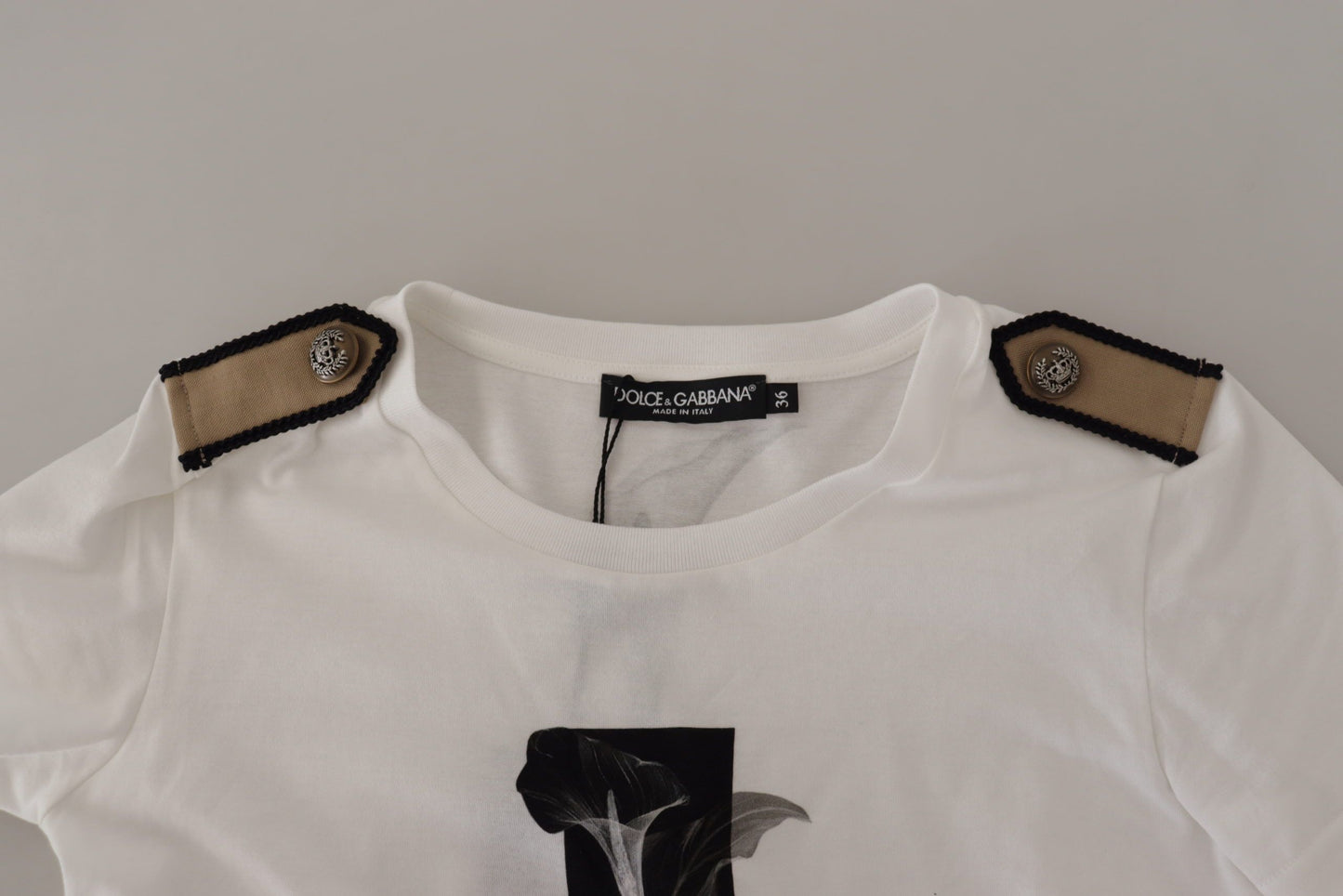 T-shirt col rond en coton blanc et roses noires Dolce & Gabbana