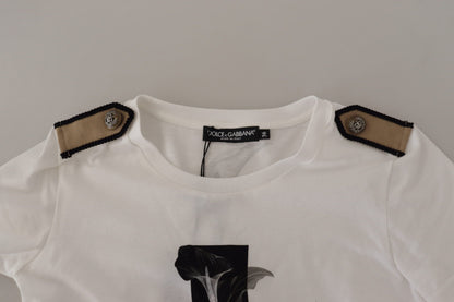 T-shirt col rond en coton blanc et roses noires Dolce & Gabbana