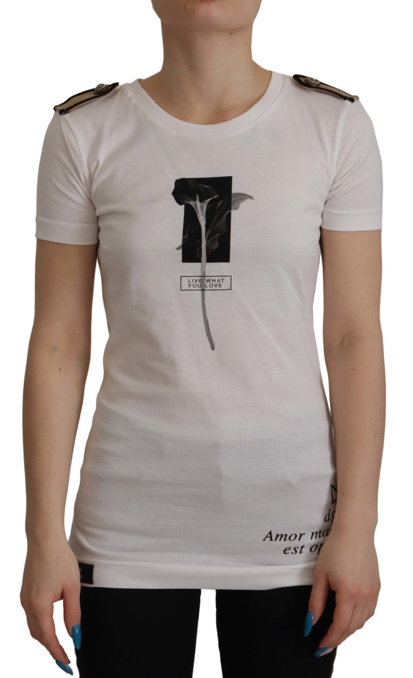 T-shirt col rond en coton blanc et roses noires Dolce & Gabbana