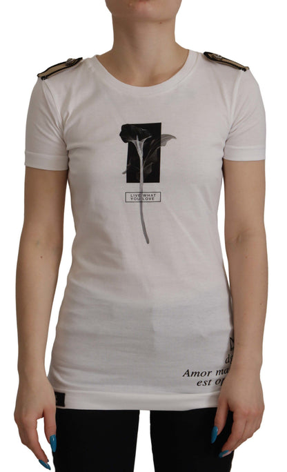 T-shirt col rond en coton blanc et roses noires Dolce & Gabbana
