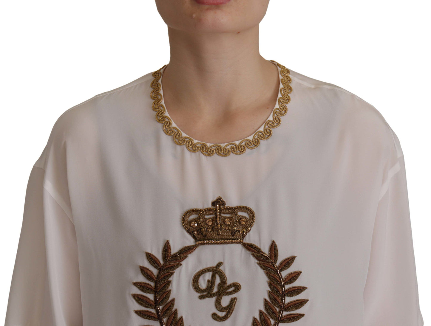Chemisier Dolce & Gabbana en soie blanche avec cristaux DG dorés