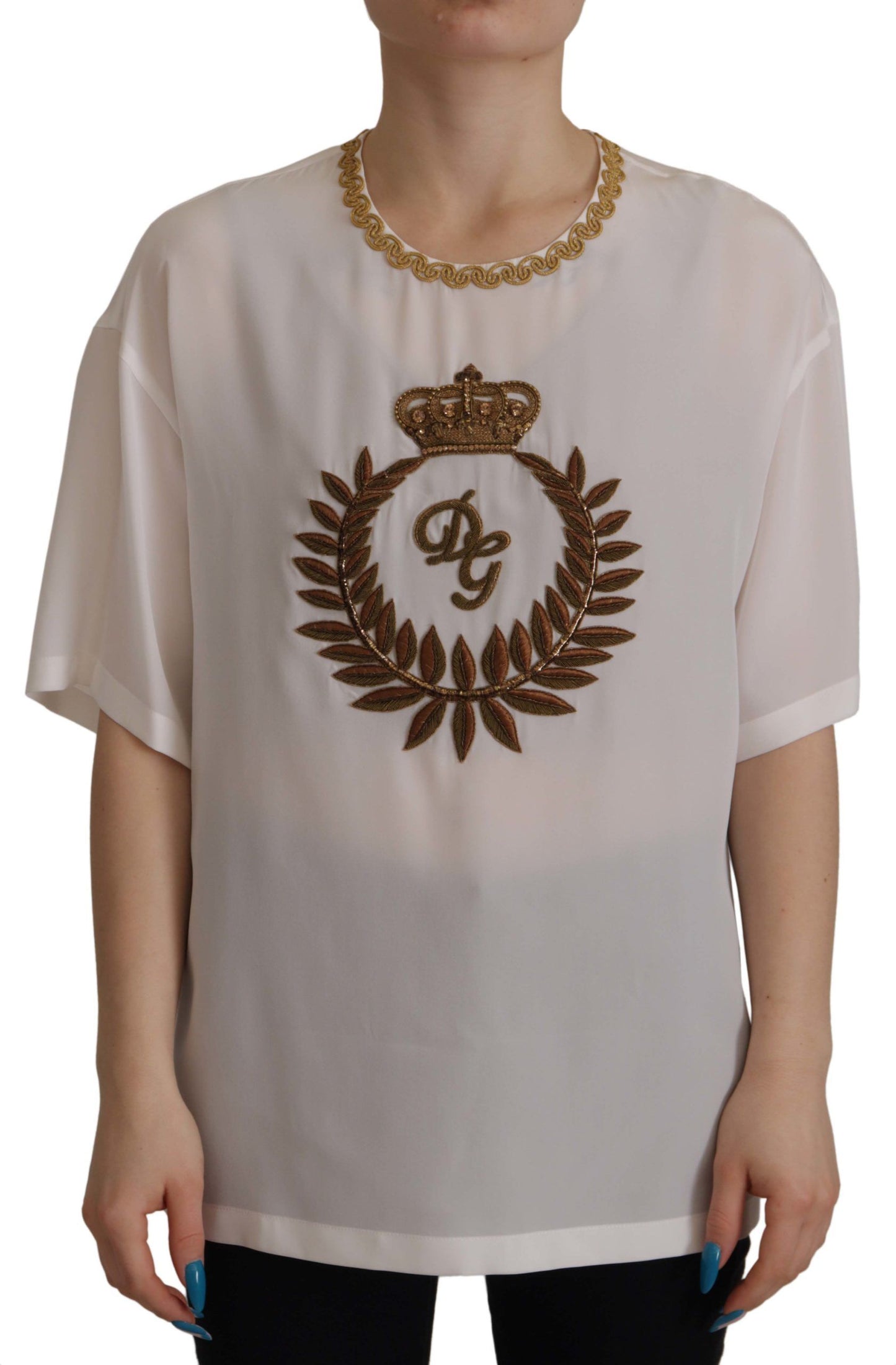 Chemisier Dolce & Gabbana en soie blanche avec cristaux DG dorés