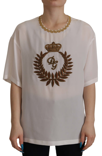 Chemisier Dolce & Gabbana en soie blanche avec cristaux DG dorés