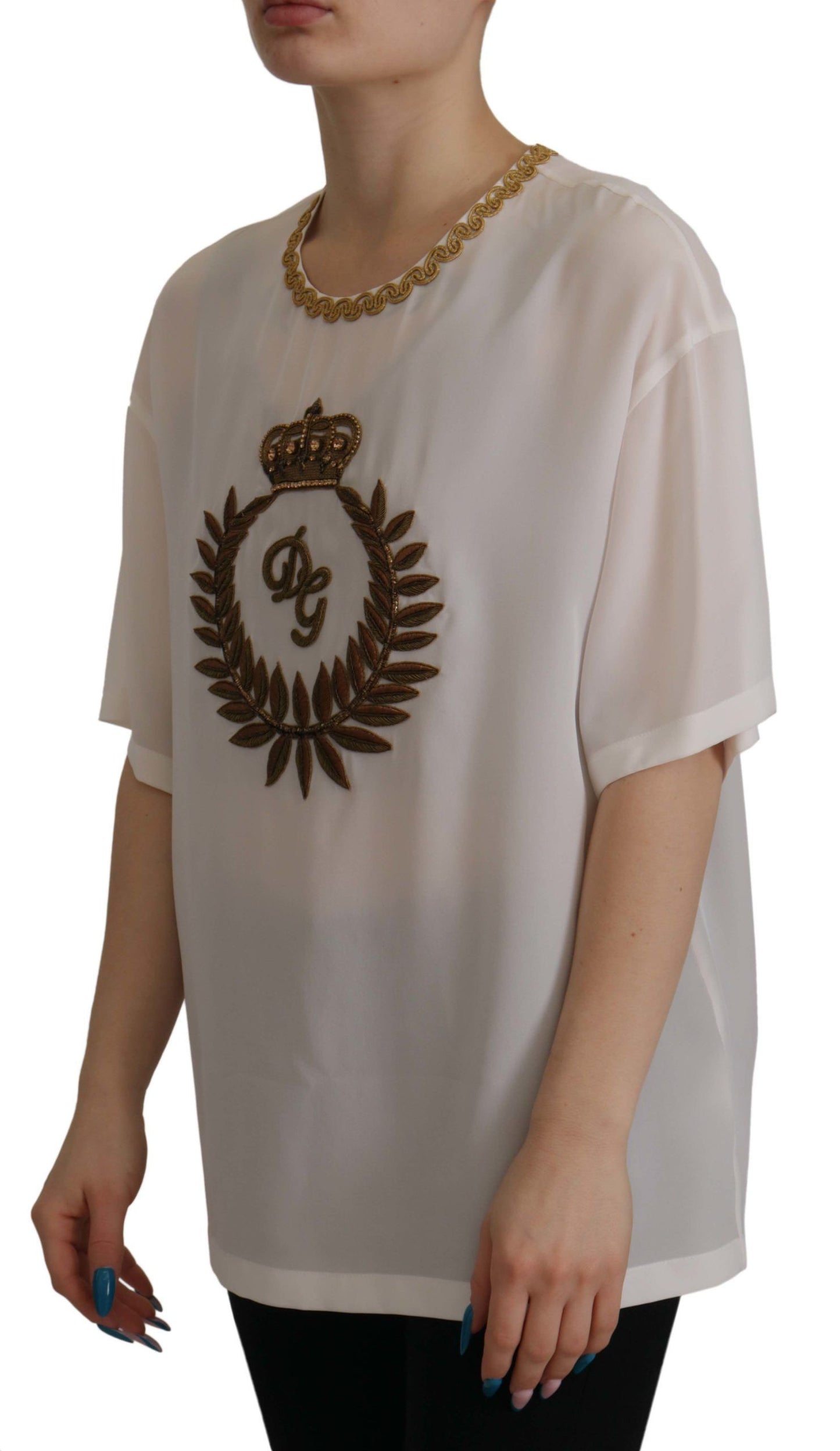 Chemisier Dolce & Gabbana en soie blanche avec cristaux DG dorés