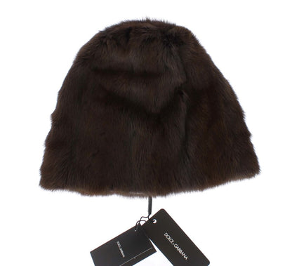 Bonnet en cachemire marron avec fourrure de martre pour femme Dolce & Gabbana