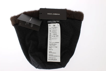 Bonnet en cachemire marron avec fourrure de martre pour femme Dolce & Gabbana