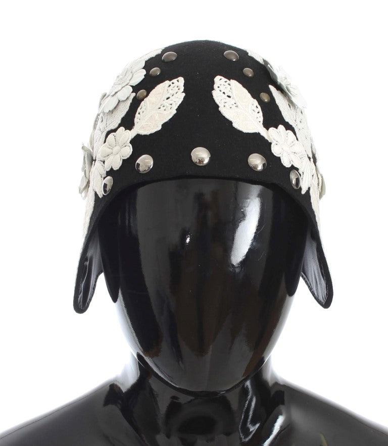 Chapeau Dolce & Gabbana en Laine Noire à Motif Floral Blanc et Feuilles d'Or