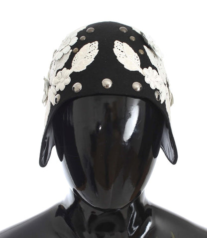 Chapeau Dolce & Gabbana en Laine Noire à Motif Floral Blanc et Feuilles d'Or