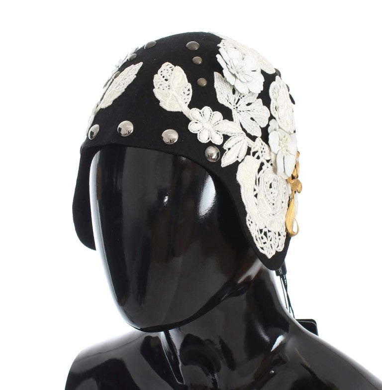 Chapeau Dolce & Gabbana en Laine Noire à Motif Floral Blanc et Feuilles d'Or