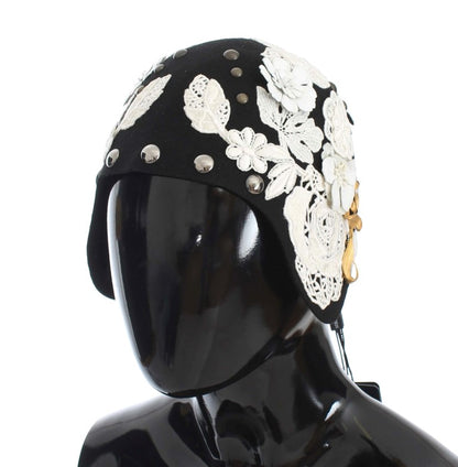 Chapeau Dolce & Gabbana en Laine Noire à Motif Floral Blanc et Feuilles d'Or