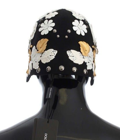 Chapeau Dolce & Gabbana en Laine Noire à Motif Floral Blanc et Feuilles d'Or