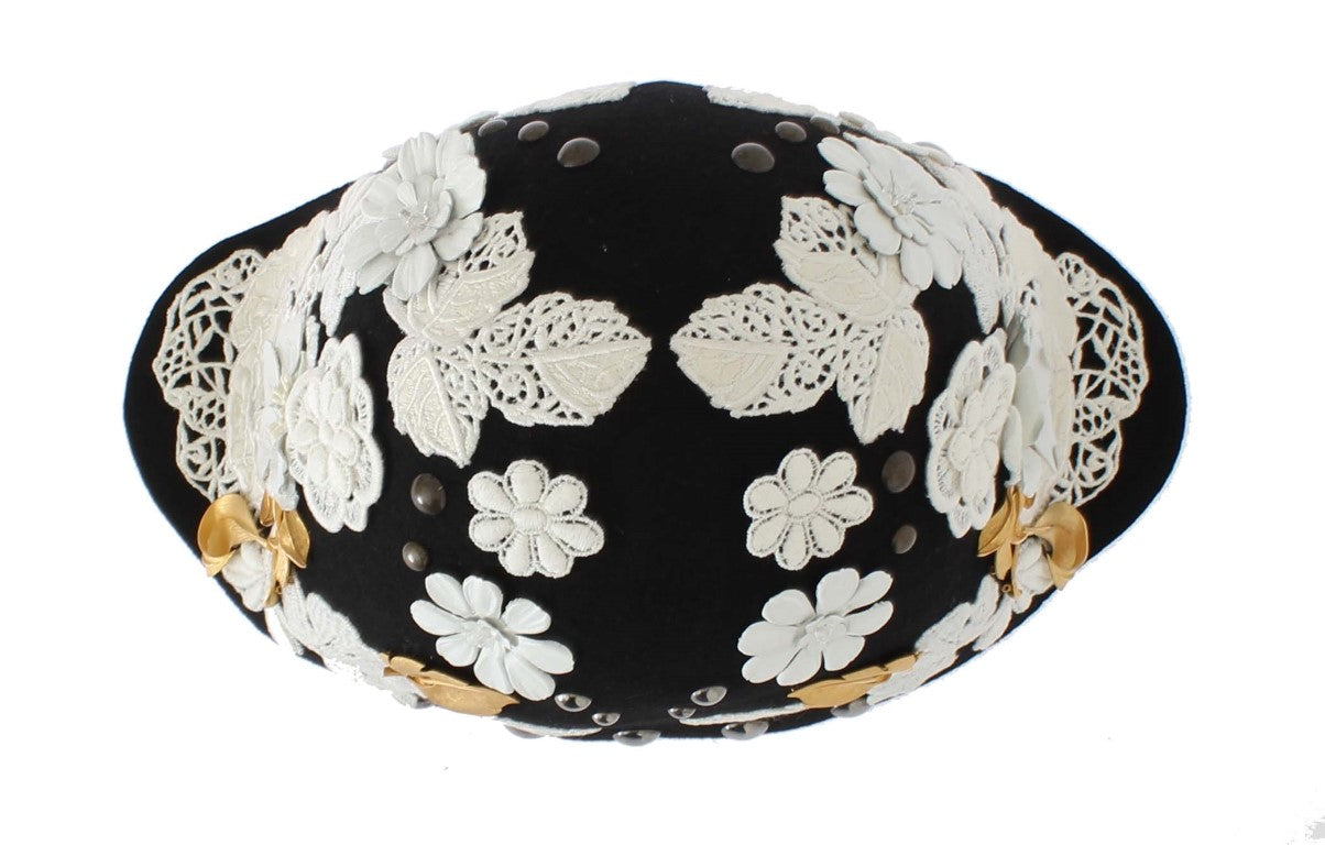 Chapeau Dolce & Gabbana en Laine Noire à Motif Floral Blanc et Feuilles d'Or